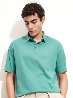 HIGHLANDER - Men Sea Green Self Collar Half Sleeve Relax Fit T-shirt