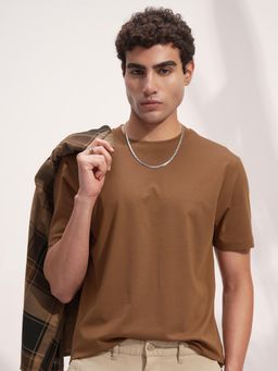 HIGHLANDER - Men Brown Round Neck Regular Fit Drop Shoulder Super Stretch T-shirt