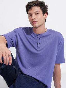HIGHLANDER - Men Purple Relaxed Fit Structure Knitted Henley T-shirt
