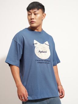 HIGHLANDER - Men Blue R/N H/S Oversized Embroidered T- Shirt