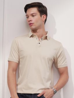 HIGHLANDER - Men Beige Regular Fit Jacquard Collar Polo T-shirt