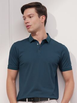 HIGHLANDER - Men Teal Regular Fit Jacquard Collar Polo T-shirt