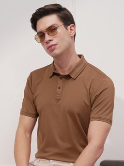 HIGHLANDER - Men Brown Regular Fit Jacquard Collar Polo T-shirt