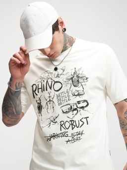 HIGHLANDER - Men Off White Round Neck Relaxed Drop Shoulder Graphic T-shirt