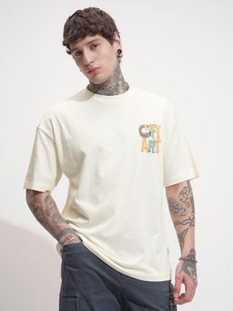HIGHLANDER - Men Cream Round Neck Oversized Drop Shoulder Graphic T-shirt