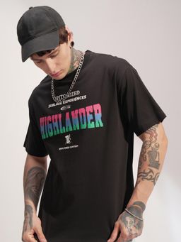 HIGHLANDER - Men Black Round Neck Relaxed Drop Shoulder Graphic T-shirt
