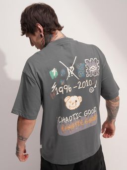 HIGHLANDER - Men Grey Round Neck Oversized Drop Shoulder Graphic T-shirt