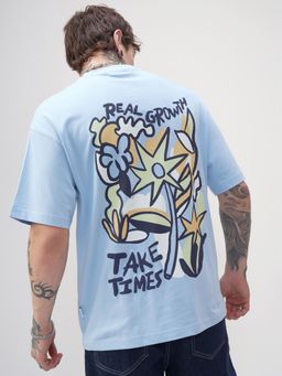HIGHLANDER - Men Blue Round Neck Oversized Drop Shoulder Graphic T-shirt