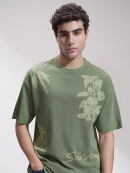HIGHLANDER - Men Green Round Neck Oversized Drop Shoulder Graphic T-shirt