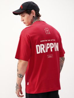 HIGHLANDER - Men Red Round Neck Oversized Drop Shoulder Graphic T-shirt