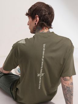 HIGHLANDER - Men Olive Round Neck Oversized Drop Shoulder Graphic T-shirt