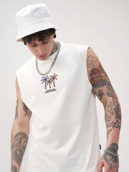 HIGHLANDER - Men Off White Round Neck Relaxed Fit Graphic Tank T-shirt