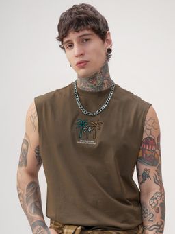 HIGHLANDER - Men Olive Round Neck Relaxed Fit Graphic Tank T-shirt