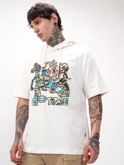 HIGHLANDER - Viacom Ninja Turtles Men White Oversized Drop Shoulder Graphic Hoodie T-shirt