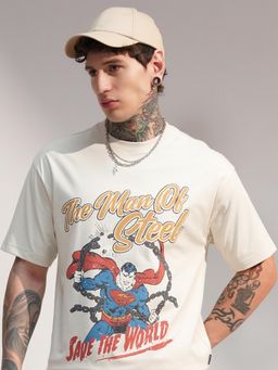 HIGHLANDER - Warner Bros Super Man Men Cream Round Neck Relaxed Graphic T-shirt