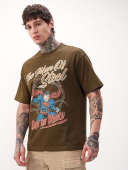 HIGHLANDER - Warner Bros Super Man Men Olive Round Neck Relaxed Drop Shoulder Graphic T-shirt