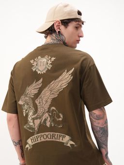 HIGHLANDER - Warner Bros Harry Potter Men Olive Round Neck Oversized Graphic T-shirt