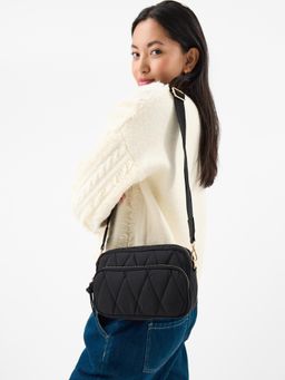 Accessorize London - Women Quilted Nylon Sling Bag with Detachable Strap - Black