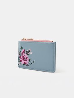 Accessorize London - Women Cross Stitch Flower Card Holder - Blue