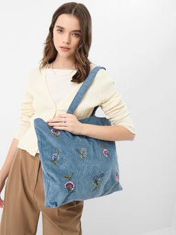 Accessorize London - Women Floral Embroidered Corduroy Shopper Tote Bag - Blue