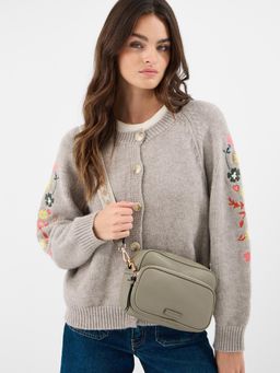 Accessorize London - Women Double Zip Camera Sling Bag with Detachable Strap - Khaki