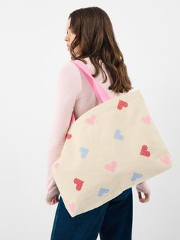 Accessorize London - Women Cross Stitch Heart Shopper Tote Bag - White