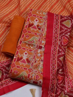 MEENA BAZAAR - Printed Orange Chanderi Unstitched Kurta & Pant with Dupatta