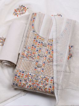 MEENA BAZAAR - Embroidered Cream Cotton Unstitched Kurta & Pant with Dupatta