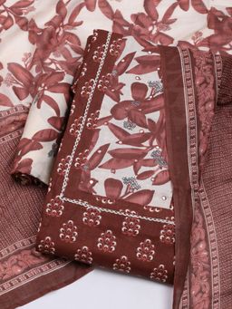 MEENA BAZAAR - Printed Brown Unstitched Kurta & Pant with Dupatta