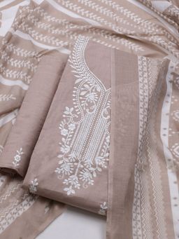 MEENA BAZAAR - Embroidered Beige Unstitched Kurta & Pant with Dupatta