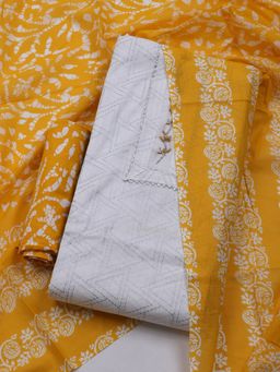 MEENA BAZAAR - White & Yellow Printed Unstitched Kurta & Pant with Dupatta
