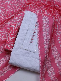 MEENA BAZAAR - Women Printed White & Pink Unstitched Kurta & Pant with Dupatta
