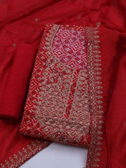 MEENA BAZAAR - Embroidered Red Unstitched Kurta & Pant with Dupatta