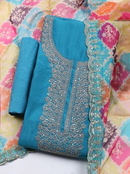 MEENA BAZAAR - Embroidered Blue Chanderi Unstitched Kurta & Pant with Dupatta
