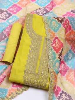 MEENA BAZAAR - Embroidered Green Chanderi Unstitched Kurta & Pant with Dupatta