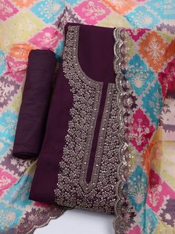 MEENA BAZAAR - Embroidered Purple Chanderi Unstitched Kurta & Pant with Dupatta