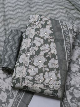 MEENA BAZAAR - Embroidered Grey Unstitched Kurta & Pant with Dupatta