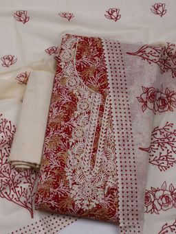 MEENA BAZAAR - Embroidered Red Unstitched Kurta & Pant with Dupatta