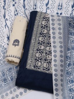 MEENA BAZAAR - Women Embroidered Blue Unstitched Kurta & Pant with Dupatta