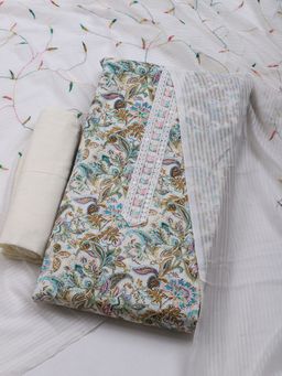 MEENA BAZAAR - Printed Women Cream Unstitched Kurta & Pant with Dupatta