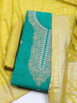MEENA BAZAAR - Embroidered Chanderi Green Unstitched Kurta & Pant with Dupatta