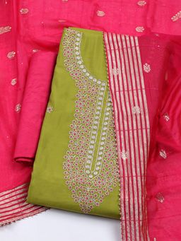 MEENA BAZAAR - Green Embroidered Chanderi Unstitched Kurta & Pant with Dupatta