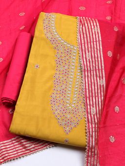 MEENA BAZAAR - Embroidered Mustard Chanderi Unstitched Kurta & Pant with Dupatta
