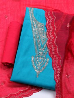 MEENA BAZAAR - Blue Embroidered Chanderi Unstitched Kurta & Pant with Dupatta