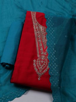 MEENA BAZAAR - Embroidered Maroon Chanderi Unstitched Kurta & Pant with Dupatta