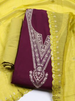 MEENA BAZAAR - Embroidered Chanderi Purple Unstitched Kurta & Pant with Dupatta