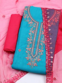 MEENA BAZAAR - Embroidered Chanderi Blue Unstitched Kurta & Pant with Dupatta