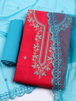 MEENA BAZAAR - Embroidered Chanderi Magenta Unstitched Kurta & Pant with Dupatta