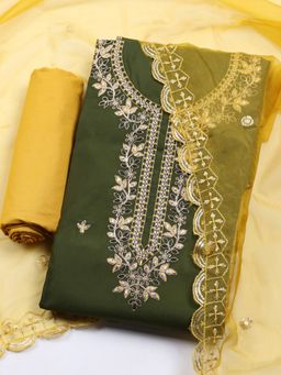 MEENA BAZAAR - Women Embroidered Green Chanderi Unstitched Kurta & Pant with Dupatta