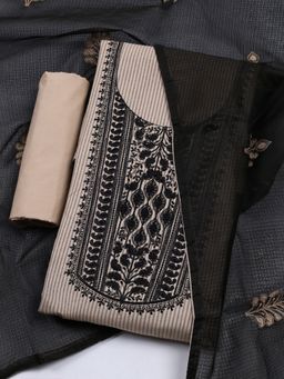 MEENA BAZAAR - Embroidered Beige Cotton Unstitched Kurta & Pant with Dupatta